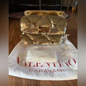 RARE Valentino Garavani Gold Roman Stud Flap Bag Quilted Sequins Small